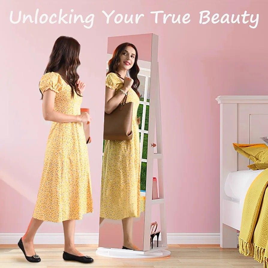 Full Length Mirror with Storage, 61" Mirror Jewelry Cabinet Standing, Rotating Jewelry Mirror Organizer Full Length, Lockable Jewelry Armoires with Ve
