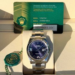 BRAND NEW 2025 Rolex Datejust 36mm Aubergine Roman Numeral Purple Diamond Dial 126234 Stainless Steel Oyster Bracelet 18k fluted bezel Watch Full set