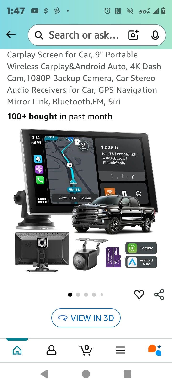 Jzones Carplay Screen for Car, 9" Portable Wireless Carplay&Android Auto, 4K Dash Cam,1080P Backup Camera, Car Stereo Audio Receivers for Car, GPS Nav