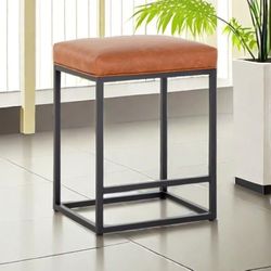 Brown Counter Height Bar Stool for Kitchen Counter 24 Inch Backless Modern Barstool Industrial Upholstered Faux Leather Stool Farmhouse Island Chair, 