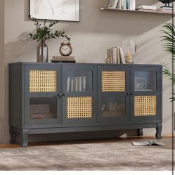 Mid-Century Retro Modern Rattan Sideboard with Glass Doors, Large Storage Space, 4-Door Cabinet Buffet for Entryway & Living Room, dark gray