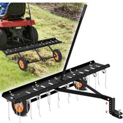 New-48-Inch Tow Behind Dethatcher, Pull Behind Lawn Dethatcher with 20 Spring Steel Tines, Lawn Sweeper Garden Aerator Grass Tractor Rake, Adjustable 