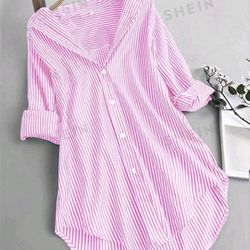  Essnce Women's Stripe Single Breasted Shirt With High-Low Hemline