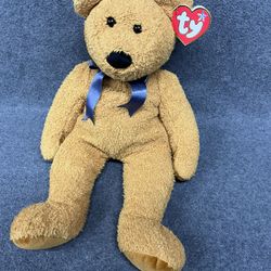 1999 TY Beanie Buddies Buddy Large Fuzz 20" Brown Teddy Bear Blue Bow