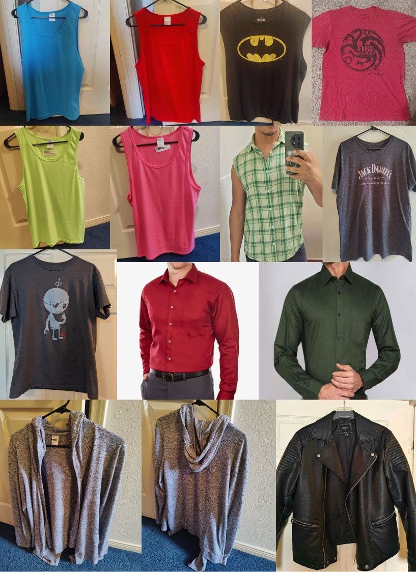 Men's Colorful Dress Plaid Robot Jack Daniels Shirts Tanktops Cardigans Faux Leather Jacket size Med