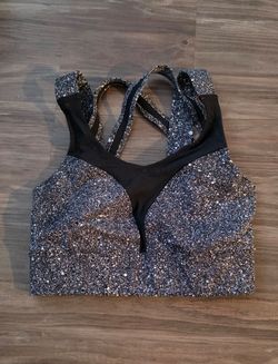 :
Lululemon Oxygen Bra Size 4 Fractal Dark Starlight Black Nulux Mesh Back Hook Eye