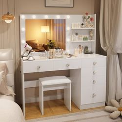 47" Vanity with Glass Top - Makeup Vanity Desk with Outlet, 6 Drawers, 3 Storage Shelves and Mirror, 3 Color Lighting with Dimming Brightness, Makeup 