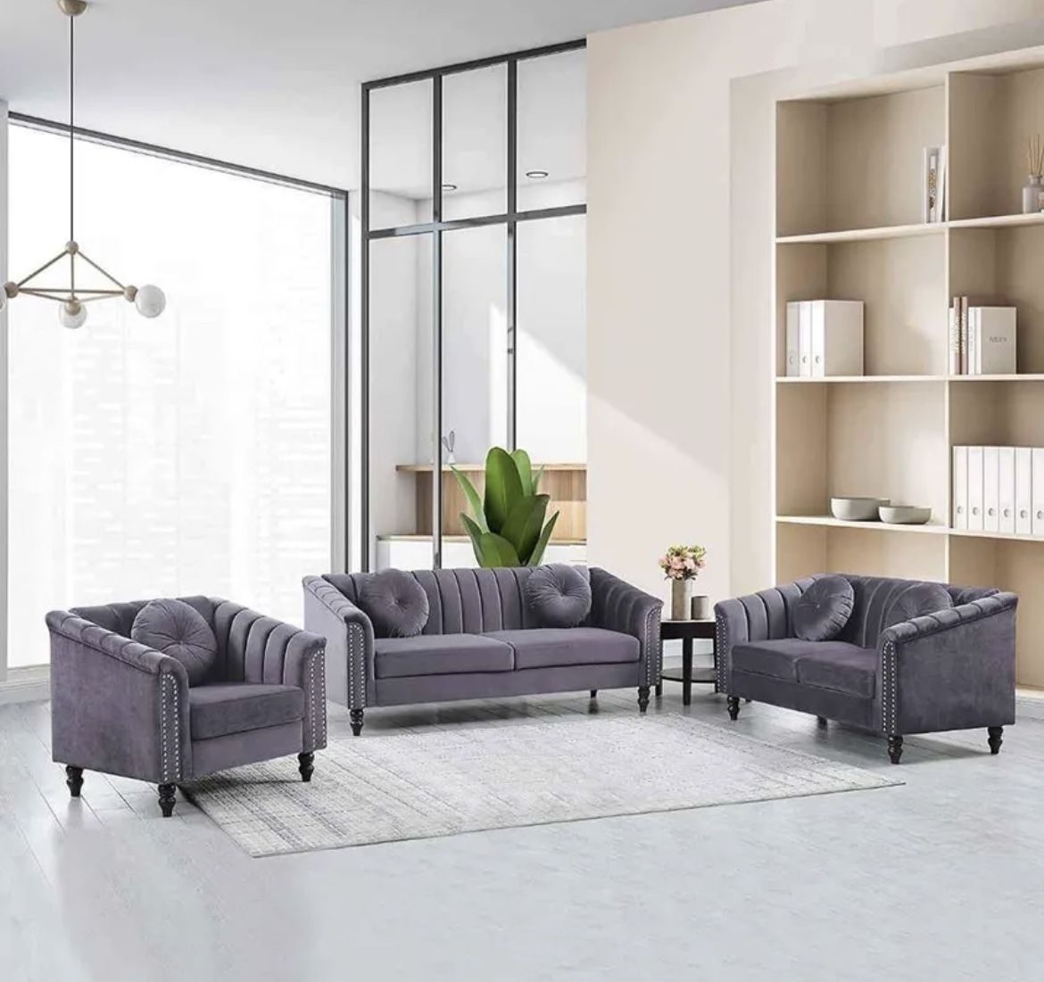 Gray Living Room 3 Piece Set Include Sofa, Loveseat And Chair New In Packaging