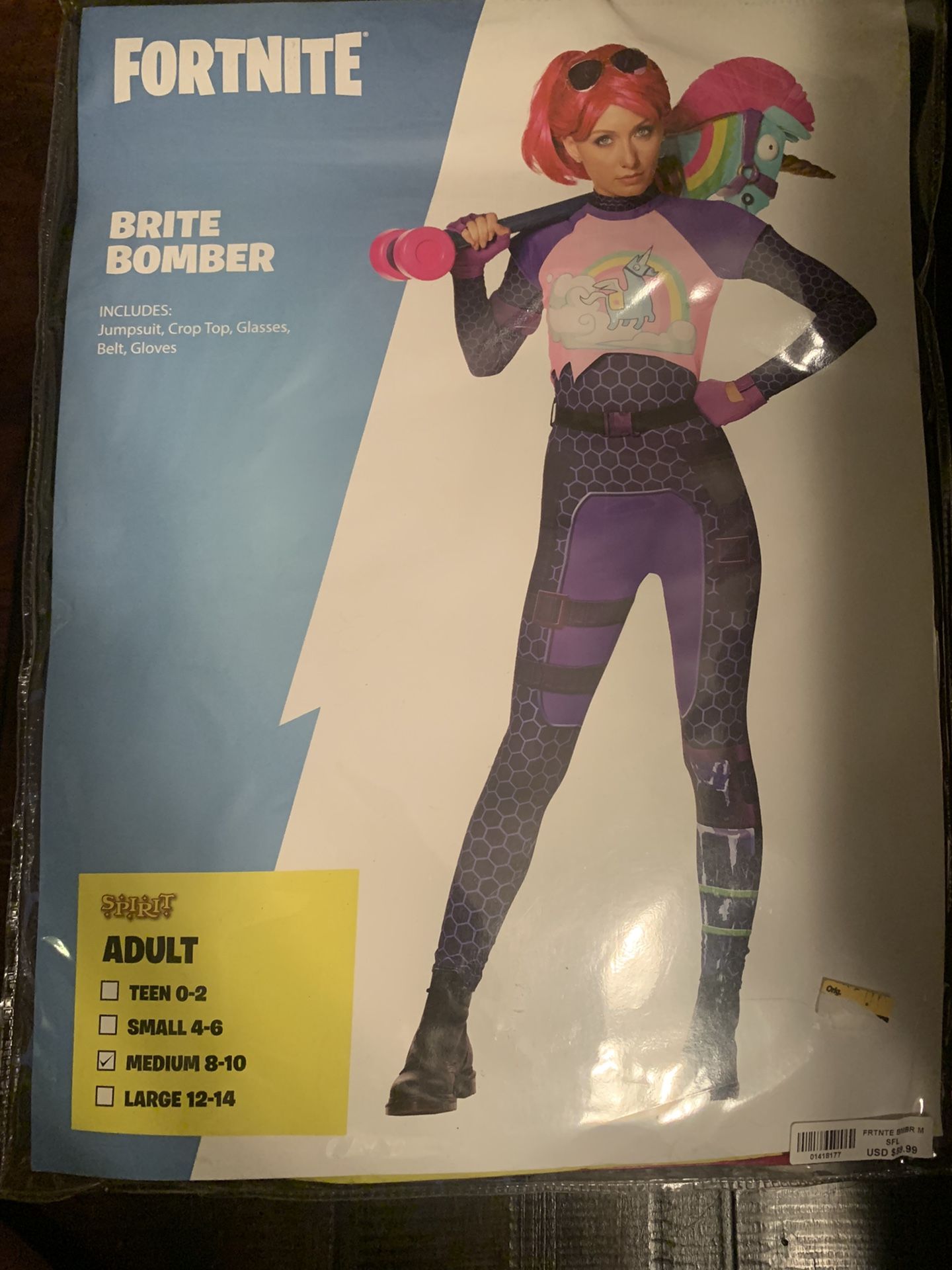 Bright Bomber Fortnite Sz Medium Halloween Costume With Rainbow Smash Horse Prop & Pink Hair Wig  Size medium 8 10