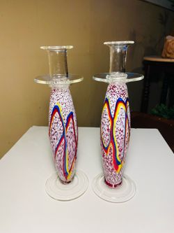 2 Vintage Murano Barovier Toso Glass Candle Stick Holders. Beautiful Condition