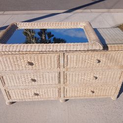 Vintage Wicker Dresser And Mirror glass top