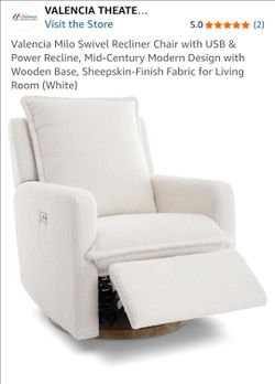 Swivel Recliner Chair with USB & Power Recline, Mid-Century Modern Design with Wooden Base, Sheepskin-Finish Fabric for Living Room (White)