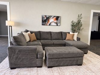 Gray-Brown Fabric Sectional Sofa with Storage Ottoman