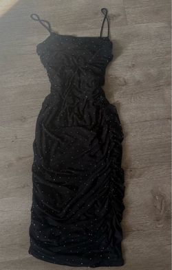 Black Ruched Midi Dress with Rhinestones
