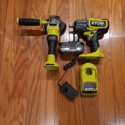 Ryobi 18V 'HP' 1/2" High Torque Impact Wrench, 4 1/2" Angle Grinder, Battery, Charger