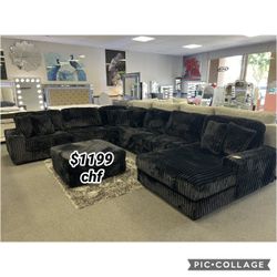 Black Corduroy Modular Sectional Sofa With Ottoman 