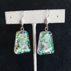 Iridescent sparkly geometric orgonite dangle earrings with selenite and aluminum 