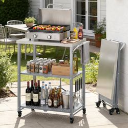 3-Tier Folding Outdoor Grill Table, Rolling Pizza Oven Table with 27" x 18" Stainless Steel Top, Portable Grill Cart & BBQ Prep Station for Patio, Par
