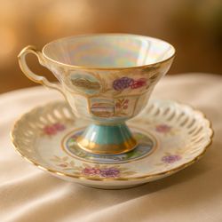 Japan 1950s Washington DC Souvenir Lusterware Reticulated Cup & Saucer