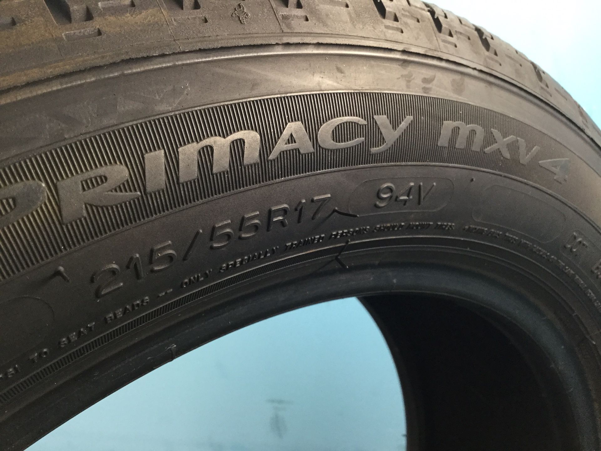 215/55/17 SET OF 2 USED TIRES P215/55R17 94V MICHELIN PRIMACY MXV4