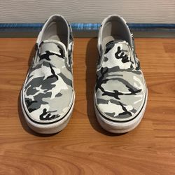 8.5 M / 10 W   Gray, Black, And White Camo Slip-on Vans