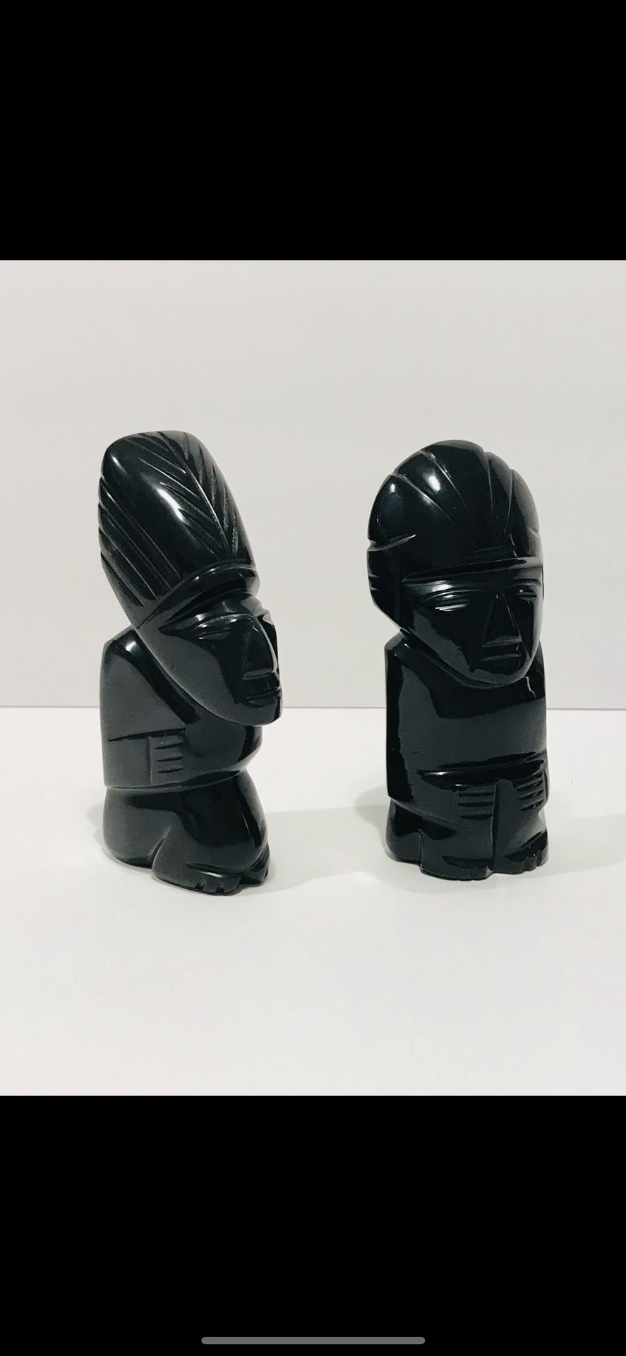 Vintage Black Onyx Mexican Hand Carved Aztec Maya God Figurines Set of 2 -5.25” 