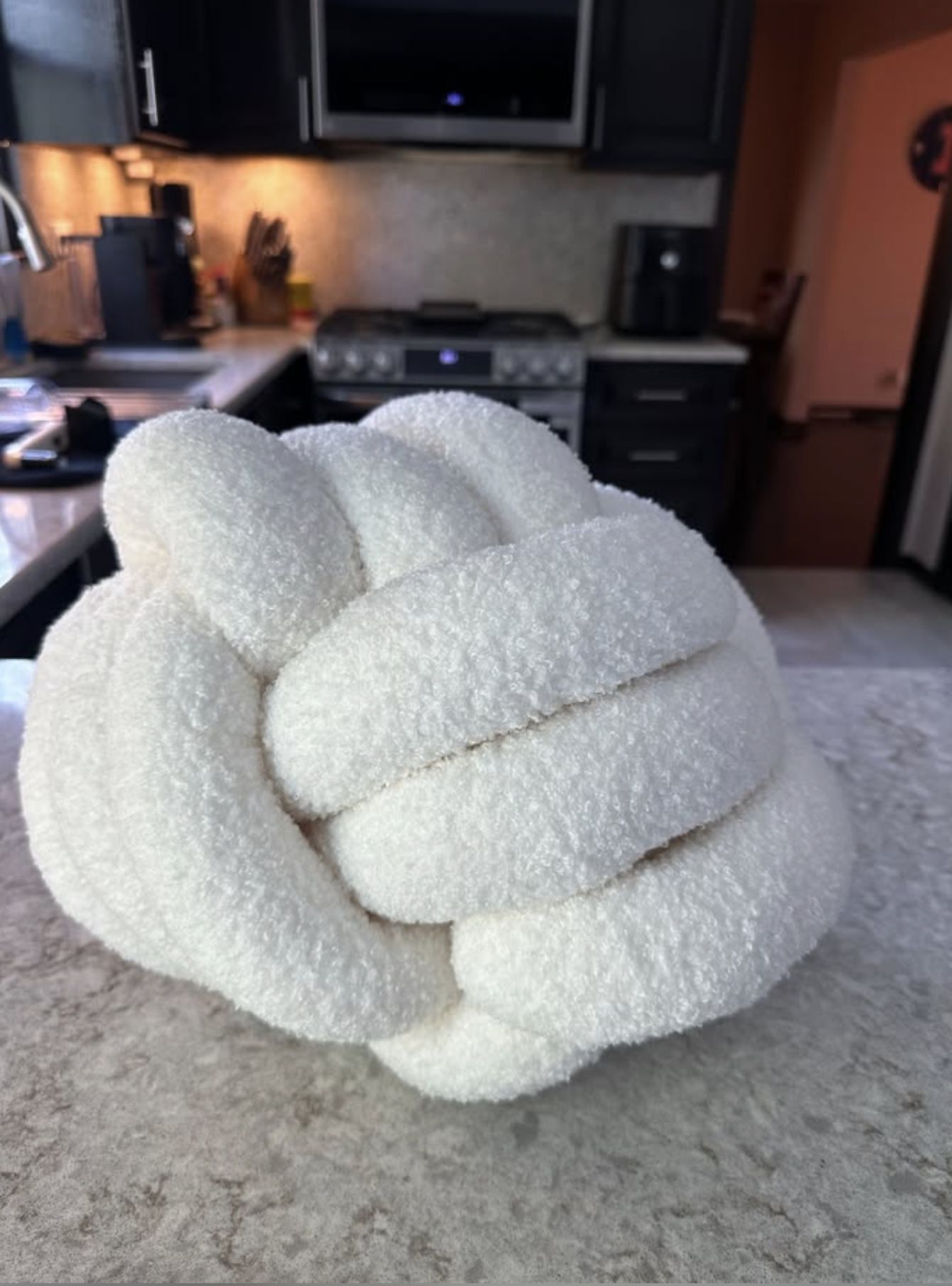 Ivory White Decorative Knot Pillow – 13” Round Lambswool Cushion for Sofa, Bed & Chair