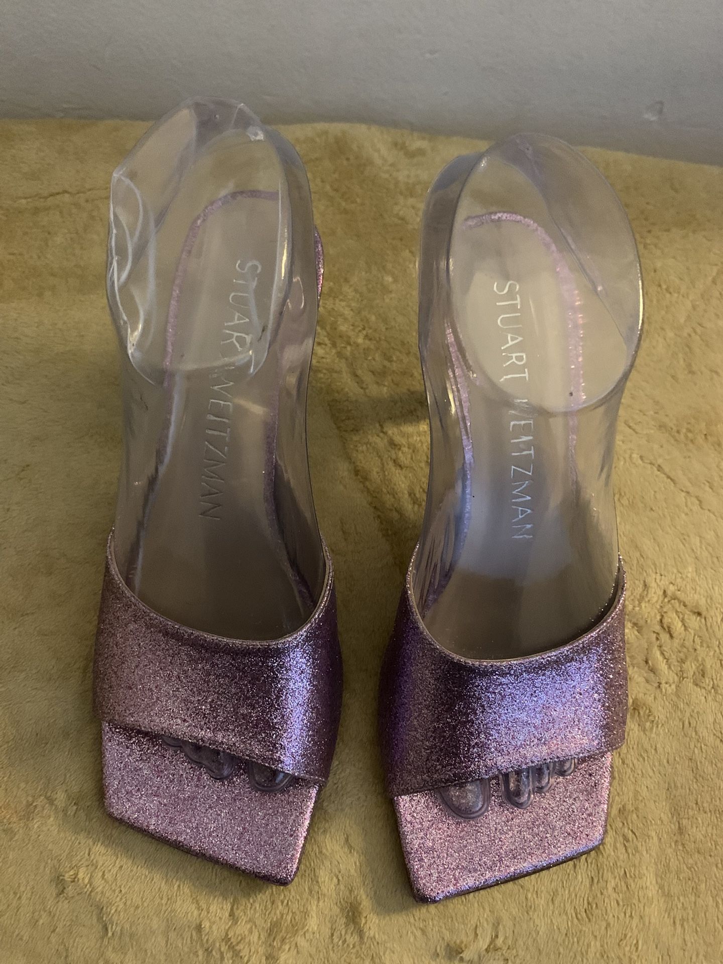 Stuart Weitzman Sandals Heels Spool Large Straps Opened Toes Glitter Purple Size 6 Leather 