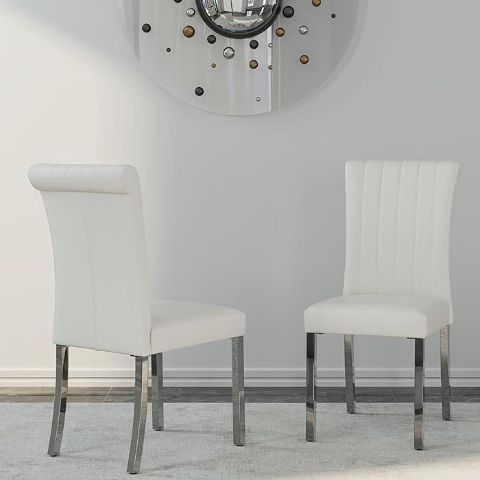 Set of 2 , White and Silver Dining Chairs, White Leather Dining Room Chairs with Mirrored Silver Metal Legs, Rolled Back Dining Chairs 