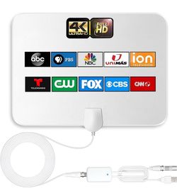 TV Antenna Indoor Long Range, Supports 4K 1080p Smart TV Signal Reception with 16ft HDTV Coax Cable
