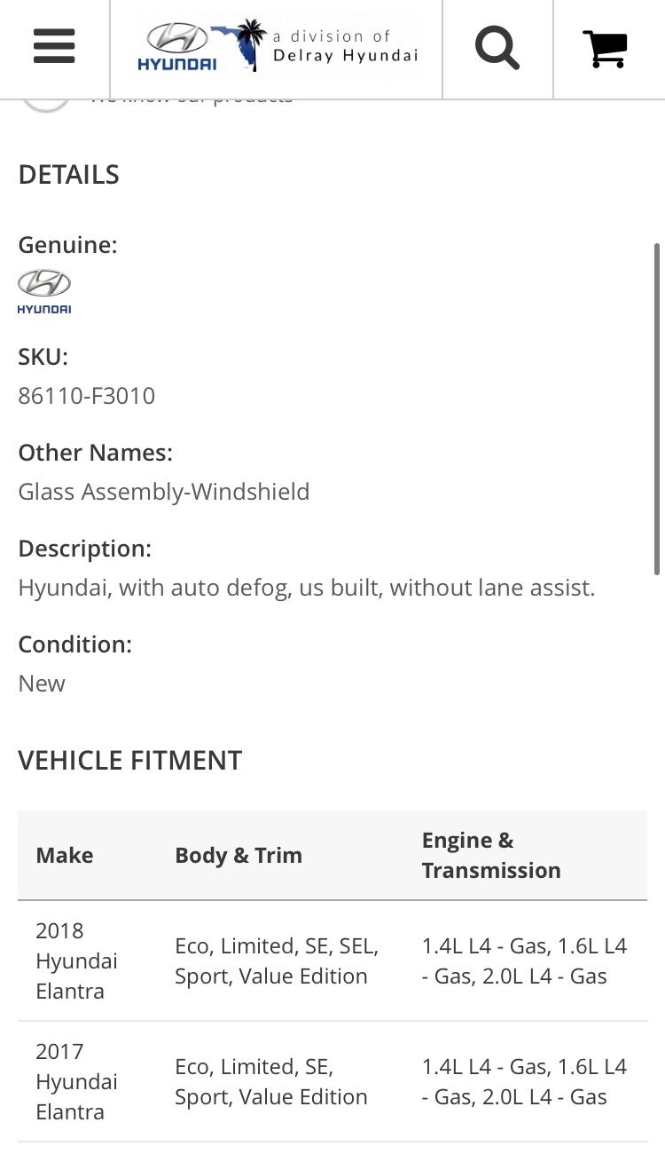 2017-2018 Hyundai Elantra Windshield New OEM