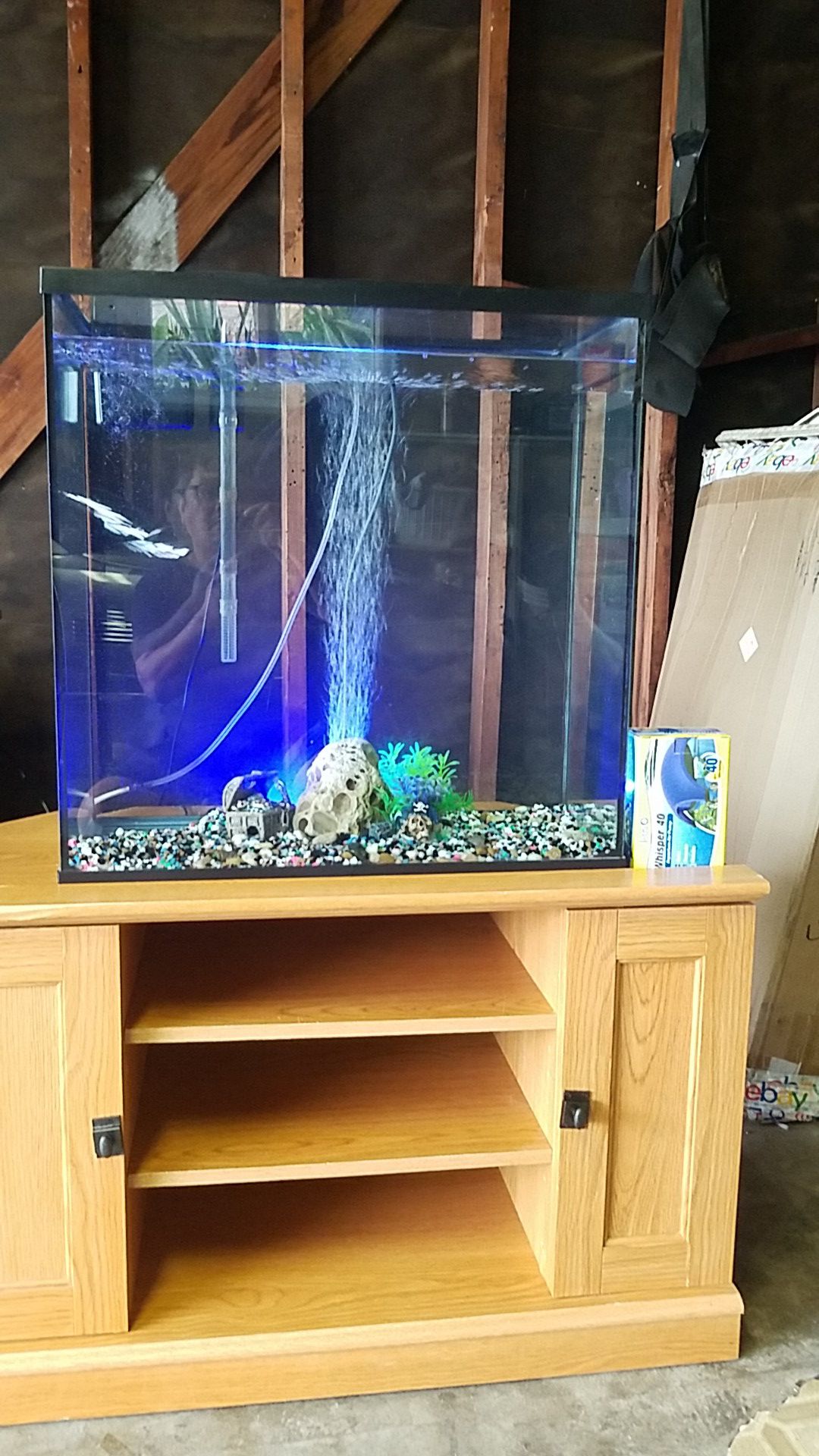 32 gallons A taller vertical beautiful fish tank come with stand In excellent condition comewith filter, brand new 40 gallon air pump ,decoration.
