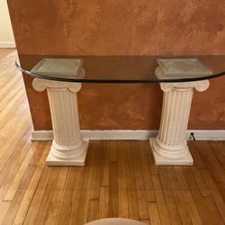 Crescent Glass Side Table/computer Table With Plaster Off White Roman Columns 