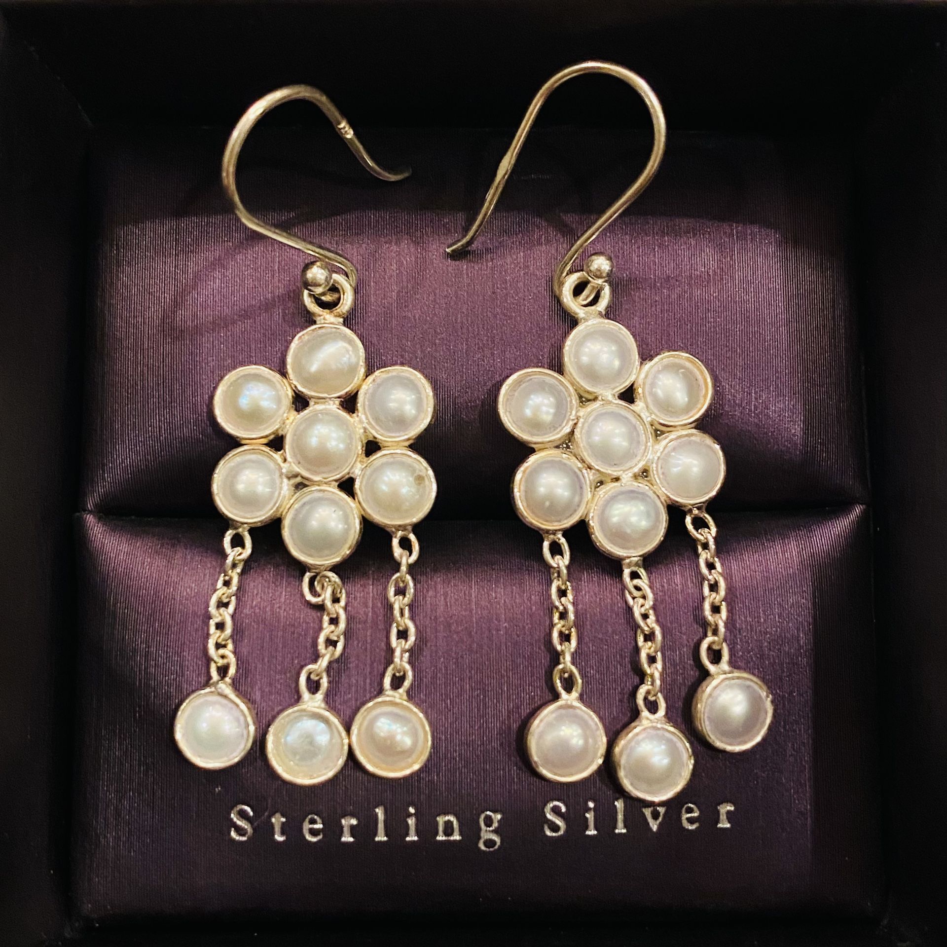 Solid 925 Sterling Silver 9.18 Natural White Pearl Chandelier Earrings