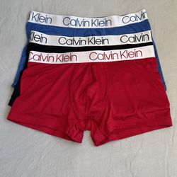 Lot of 3 Calvin Klein Men M Low Rise Trunk Microfiber Blend Soft Logo Red Black Blue (Silver Lake)