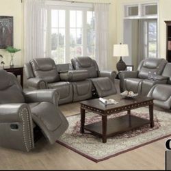 Gray Leather Recliner Living Room Set Include Sofa, Loveseat And Chair 