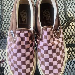 Cute pink Brown checkered vans ladies walking leisure rubber shoes sneakers Sz7