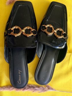 Circus by Sam Edelman Black Patent Slide Mules with Gold Chain