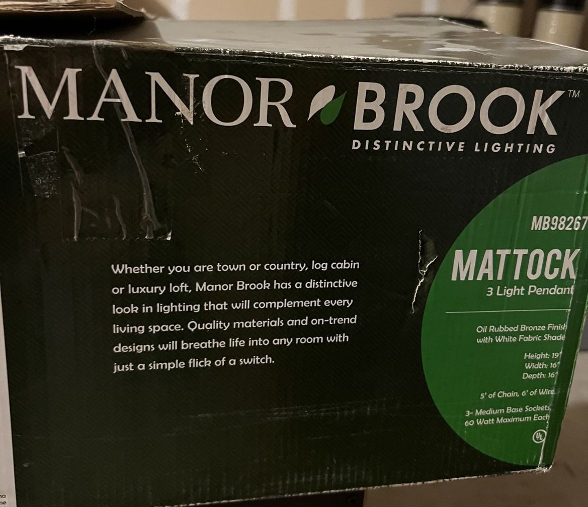 Manor Brook, Oil Rubbed Bronze Dimmable Pendant | White Fabric Square Drum