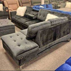 Grey Reversible Velvet Sectional With Cup Holder And Storage Ottoman. BRAND NEW.