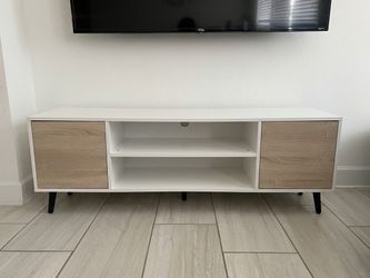 Modern Mid-Century TV Stand / Entertainment Center (White & Light Oak)