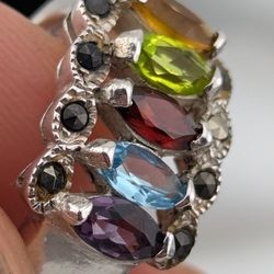 Sterling Silver RAINBOW GEM & MARCASITE Ring, Size 5
