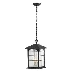 Brimfield 3-Light Aged
Iron Outdoor Hanging Lamp with
Clear Seedy Glass