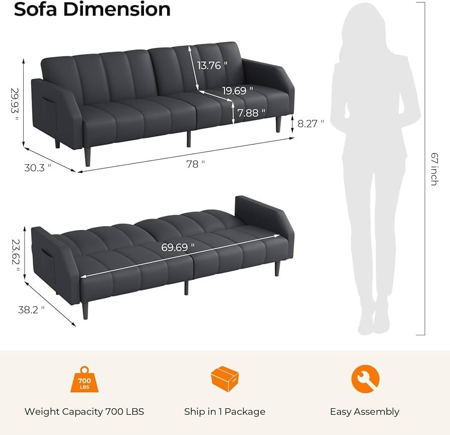 Faux Leather Futon Sofa Bed, 78’’ Convertible Sleeper Couch Bed with Adjustable Backrest, Sleeper Sofa Bed for Living Room, Apartment, RV,
