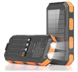Solar Charger Power Bank 38800mAh, 22.5W USB-C Fast Charging Portable Charger with 4 Built-in Cables