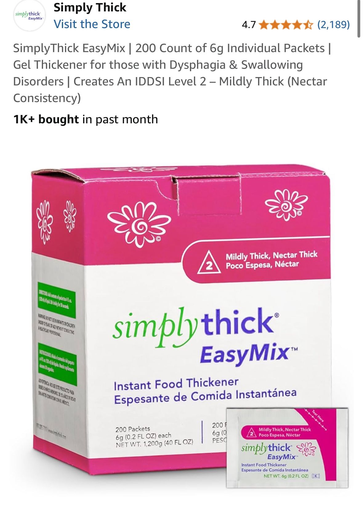 SimplyThick EasyMix | 200 Count of 6g Individual Packets | Gel Thickener for those with Dysphagia & Swallowing Disorders | Creates An IDDSI Level 2 – 