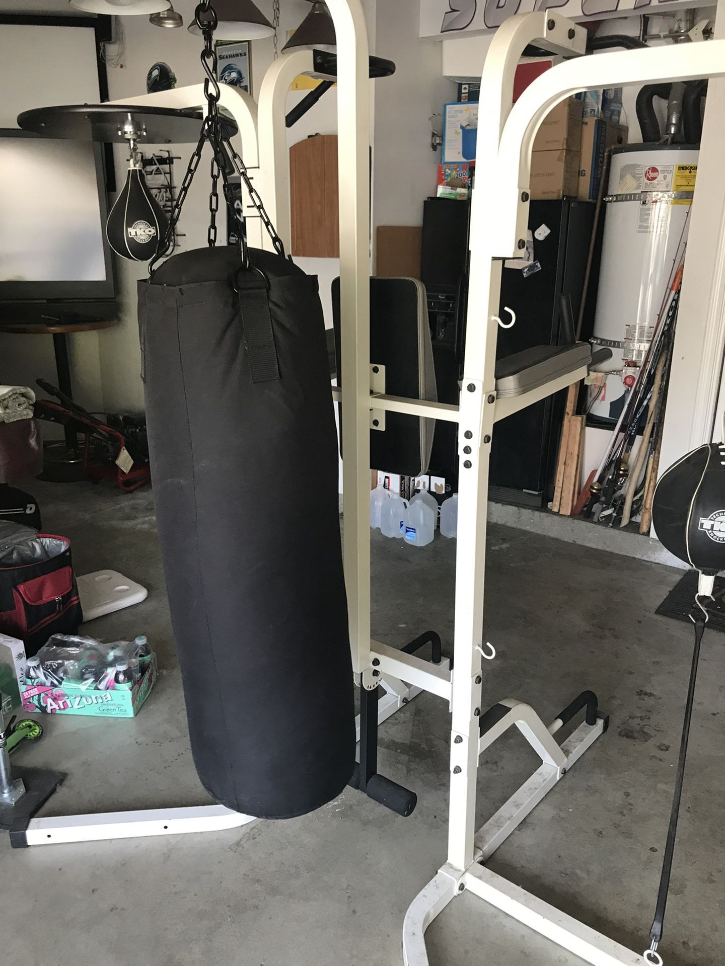 Home Gym W/ Punching Bag/Speed Bag Dip Station and Pull Ups.