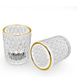 24 Serene Spaces Living Set of 4 Diamond Cut Votive Holder with Gold Tip, Simple Table Centerpieces for Wedding, Event, Party, Decorative Glass for Ho