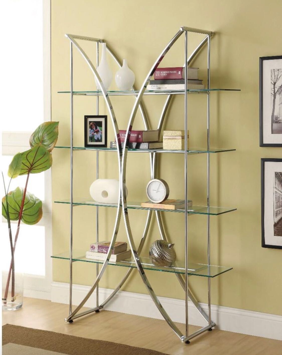 Brand New Coaster Company Chrome Etagere with Tempered Glass Shelves