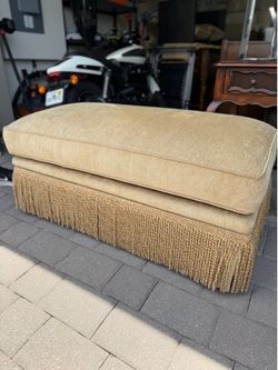 Vintage Storage Bench / Ottoman – Beige Upholstered with Fringe